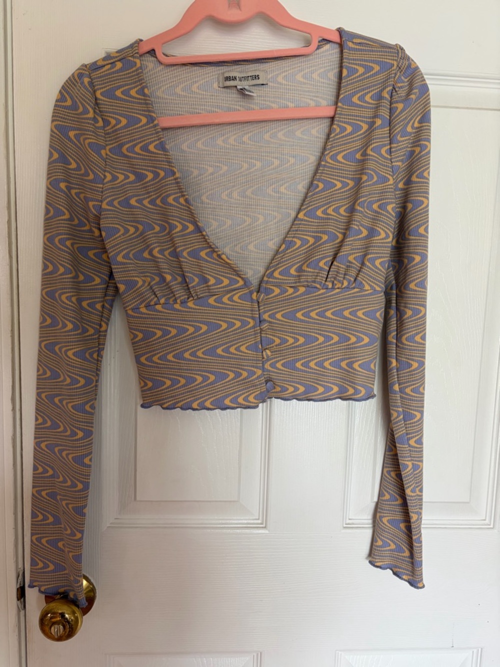 Urban Outfitters Lavender & Yellow Ribbed Button-Front Long-Sleeve Crop Top